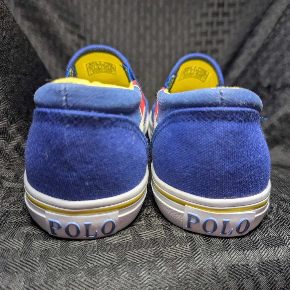 Blue And Yellow Ralph Lauren Polo Slip-On Sneakers with Embroidered RL-93 Logo.